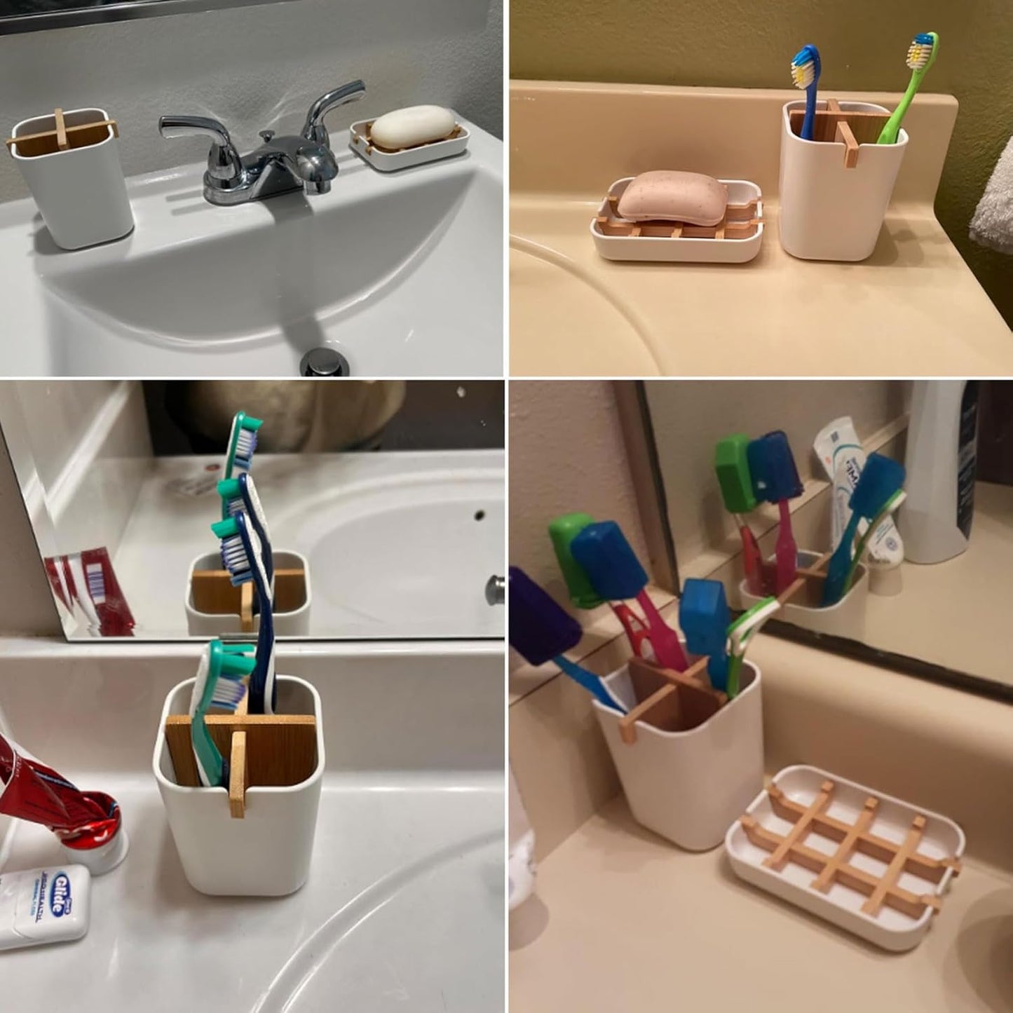 Toothbrush Holders and Soap Holder Set, Tooth Brush Holder with 4 Slots, Plastic Soap Dish Tray for Shower, Bathroom Accessories Set for Countertop Storage - White