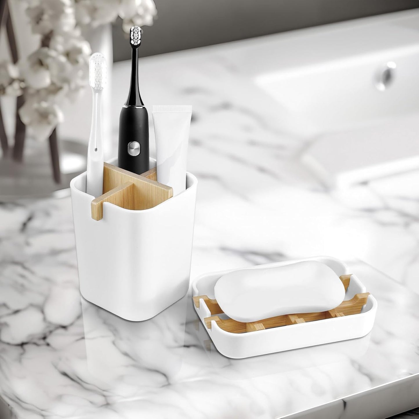 Toothbrush Holders and Soap Holder Set, Tooth Brush Holder with 4 Slots, Plastic Soap Dish Tray for Shower, Bathroom Accessories Set for Countertop Storage - White