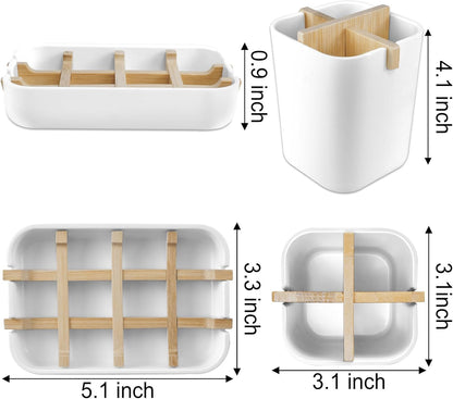 Toothbrush Holders and Soap Holder Set, Tooth Brush Holder with 4 Slots, Plastic Soap Dish Tray for Shower, Bathroom Accessories Set for Countertop Storage - White