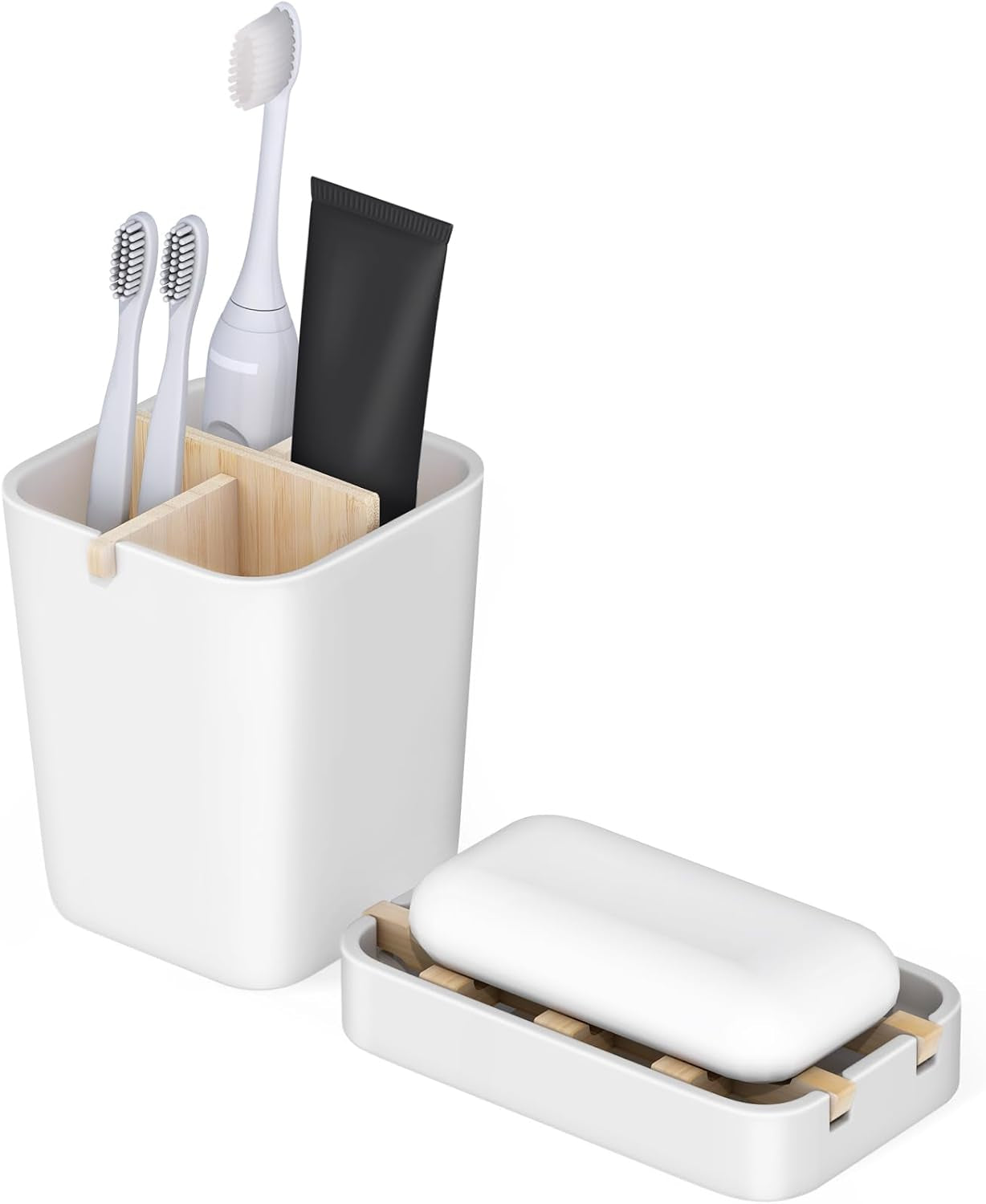 Toothbrush Holders and Soap Holder Set, Tooth Brush Holder with 4 Slots, Plastic Soap Dish Tray for Shower, Bathroom Accessories Set for Countertop Storage - White