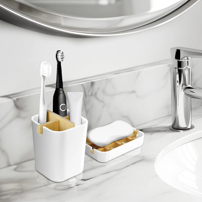 Toothbrush Holders and Soap Holder Set, Tooth Brush Holder with 4 Slots, Plastic Soap Dish Tray for Shower, Bathroom Accessories Set for Countertop Storage - White