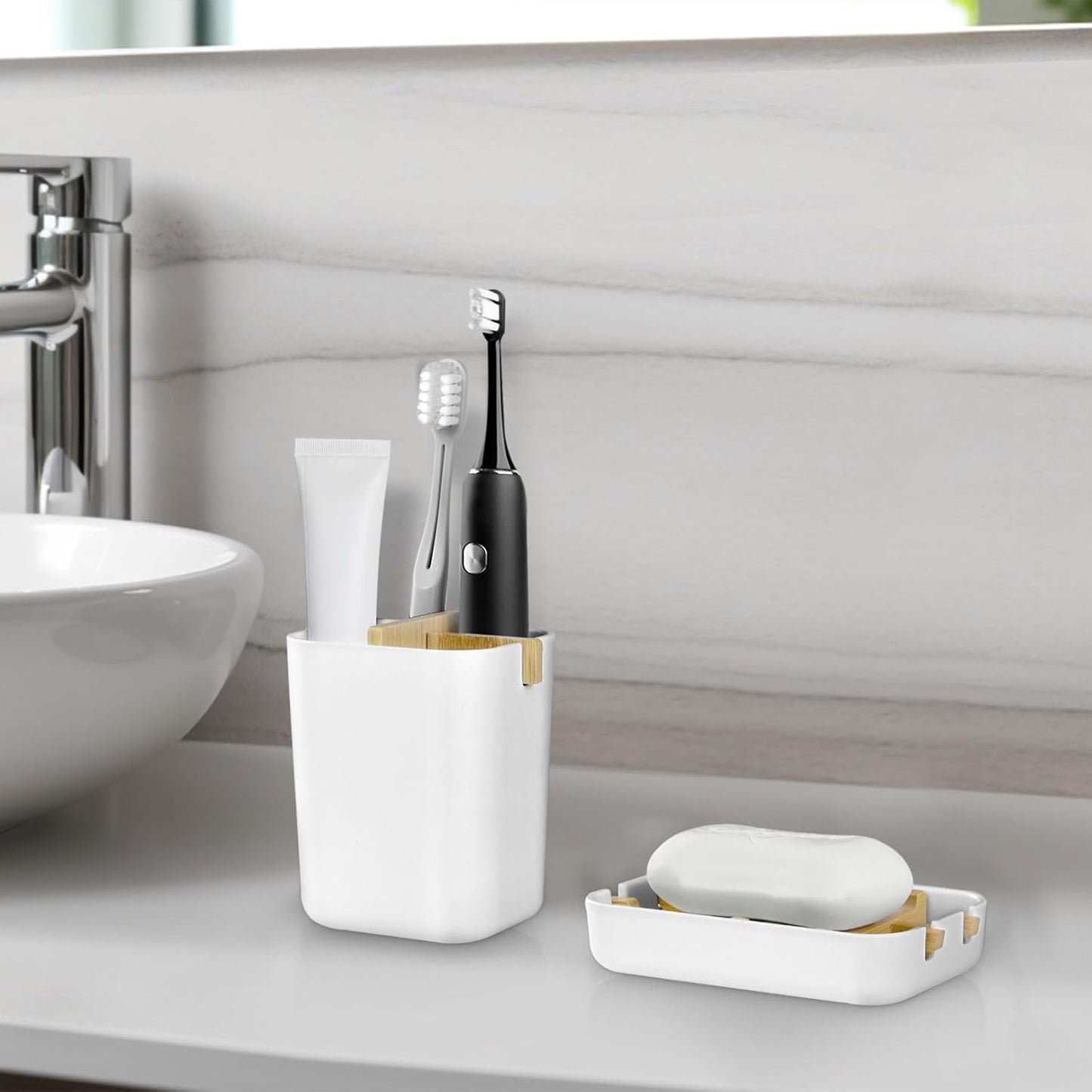Toothbrush Holders and Soap Holder Set, Tooth Brush Holder with 4 Slots, Plastic Soap Dish Tray for Shower, Bathroom Accessories Set for Countertop Storage - White