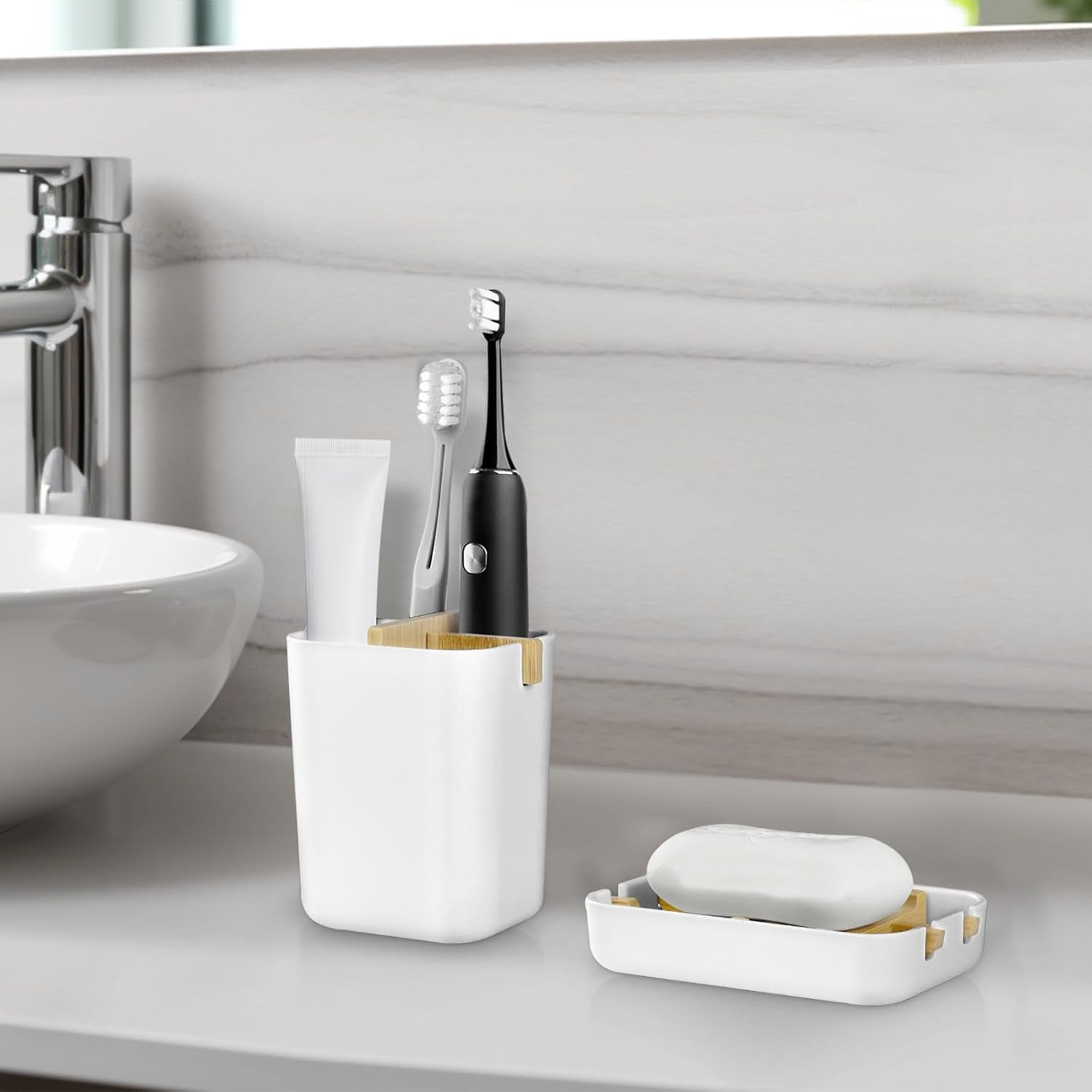 Toothbrush Holders and Soap Holder Set, Tooth Brush Holder with 4 Slots, Plastic Soap Dish Tray for Shower, Bathroom Accessories Set for Countertop Storage - White