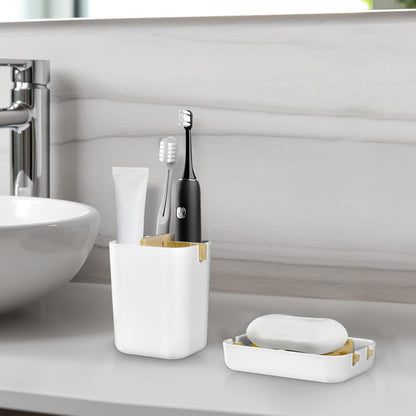 Toothbrush Holders and Soap Holder Set, Tooth Brush Holder with 4 Slots, Plastic Soap Dish Tray for Shower, Bathroom Accessories Set for Countertop Storage - White