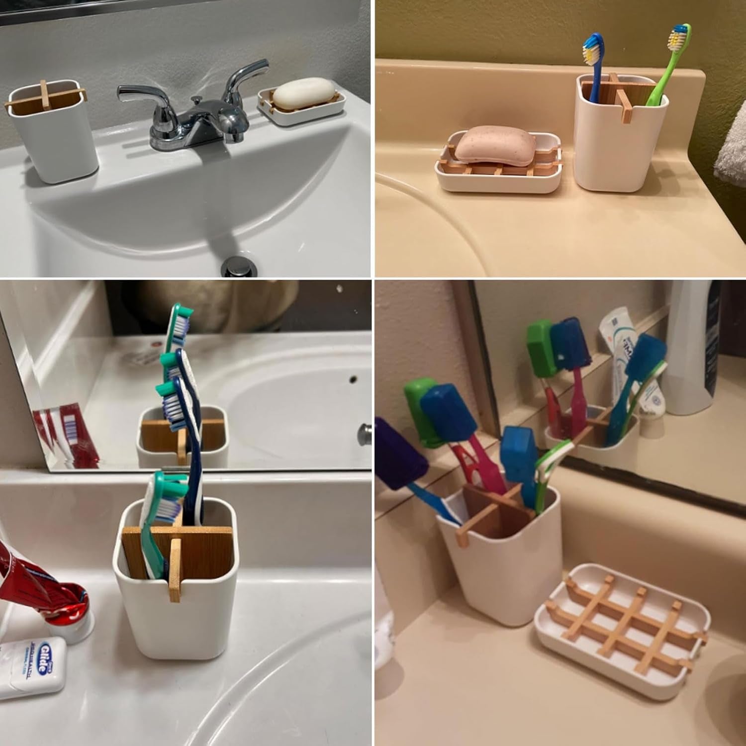 Toothbrush Holders and Soap Holder Set, Tooth Brush Holder with 4 Slots, Plastic Soap Dish Tray for Shower, Bathroom Accessories Set for Countertop Storage - White