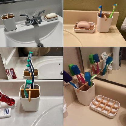 Toothbrush Holders and Soap Holder Set, Tooth Brush Holder with 4 Slots, Plastic Soap Dish Tray for Shower, Bathroom Accessories Set for Countertop Storage - White